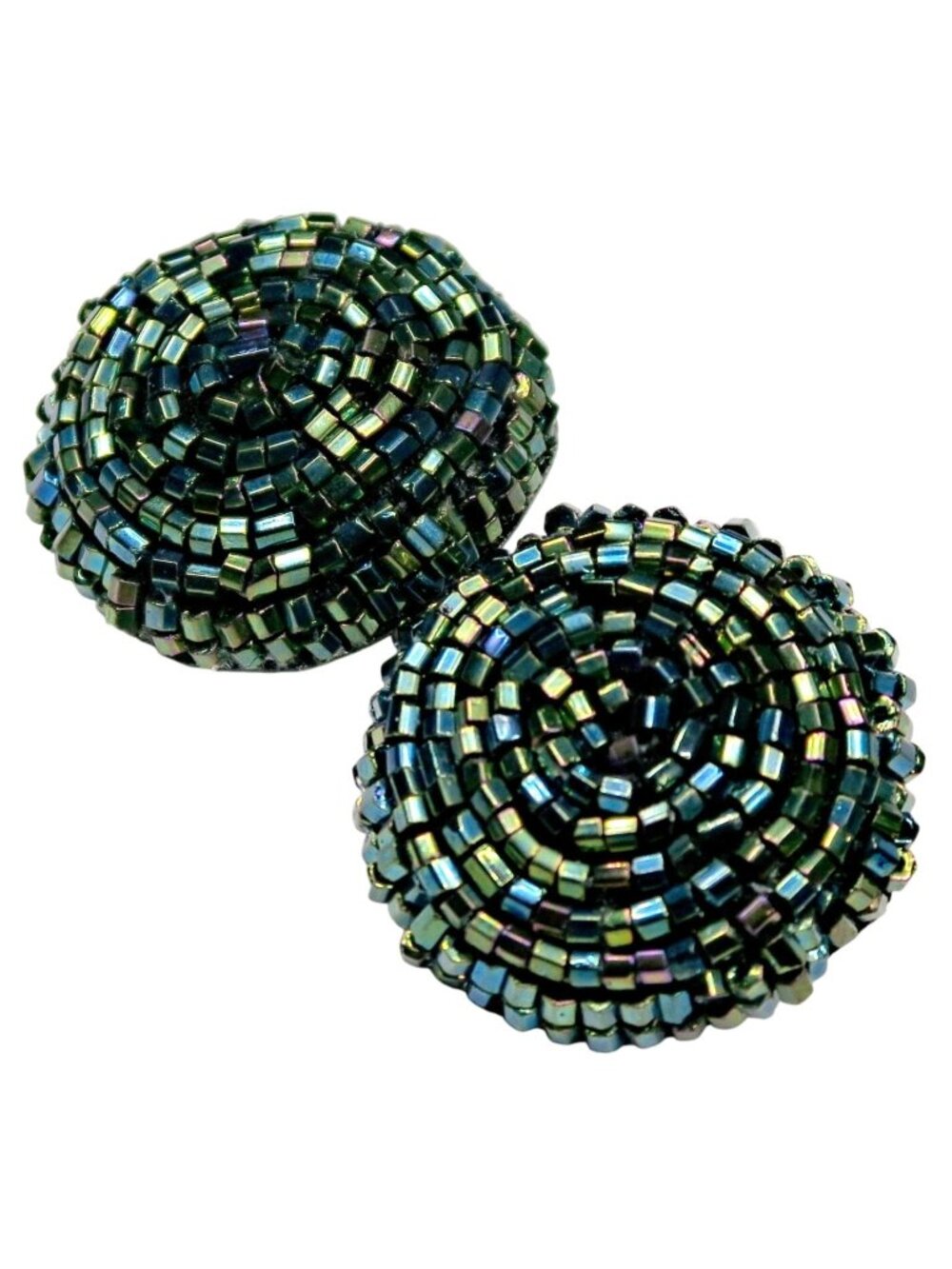 Iridescent Blue Beaded Clip-On Earrings Vintage 1960s-70s Statement Jewelry